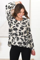 Fintra Top - Zipper Detail Long Sleeve Top in Black Kacia Print