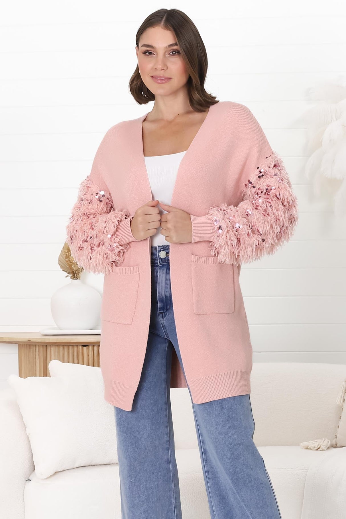 Talita Cardgian - Statement Fluffy Sequined Sleeve Cardigan in Pink