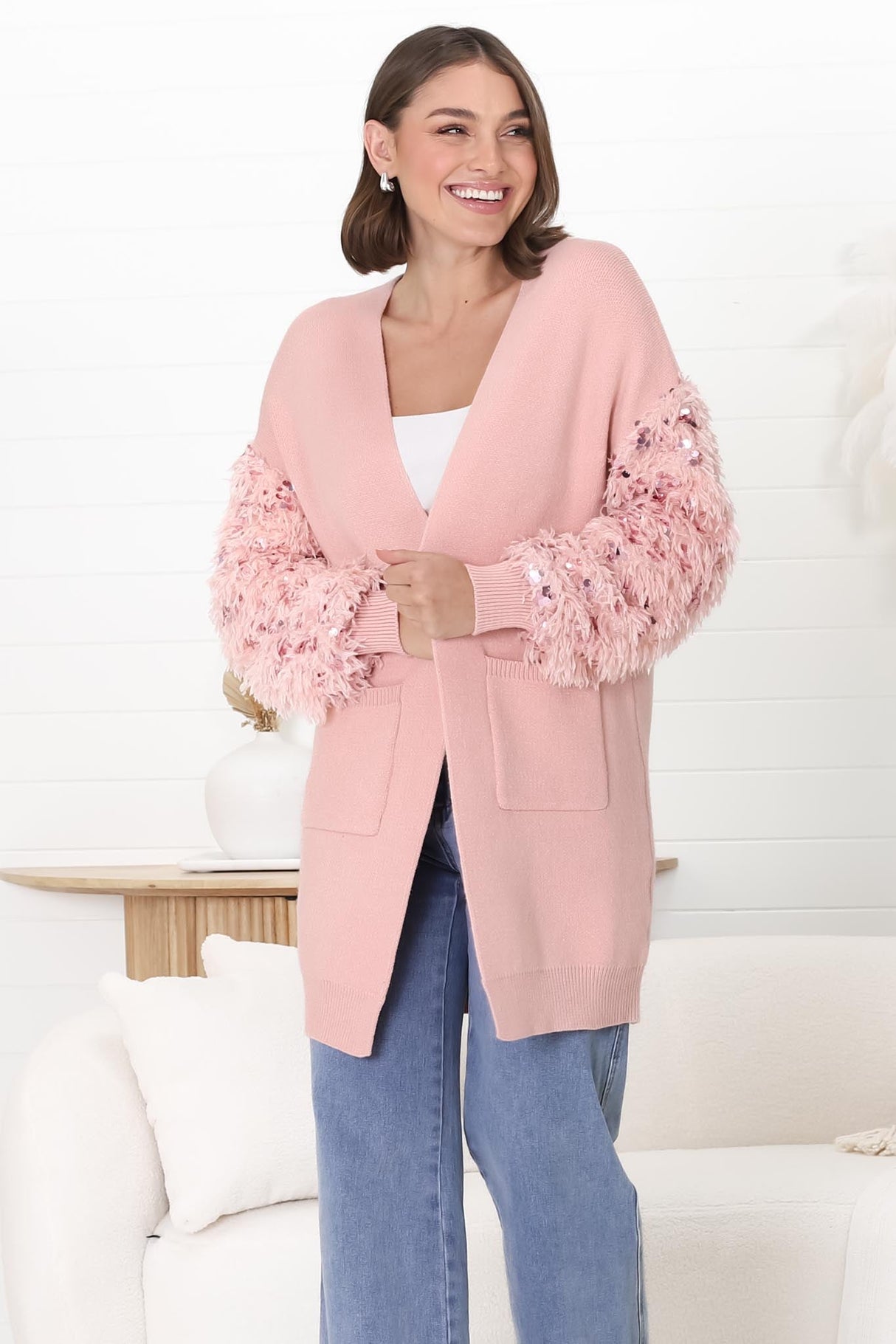 Talita Cardgian - Statement Fluffy Sequined Sleeve Cardigan in Pink