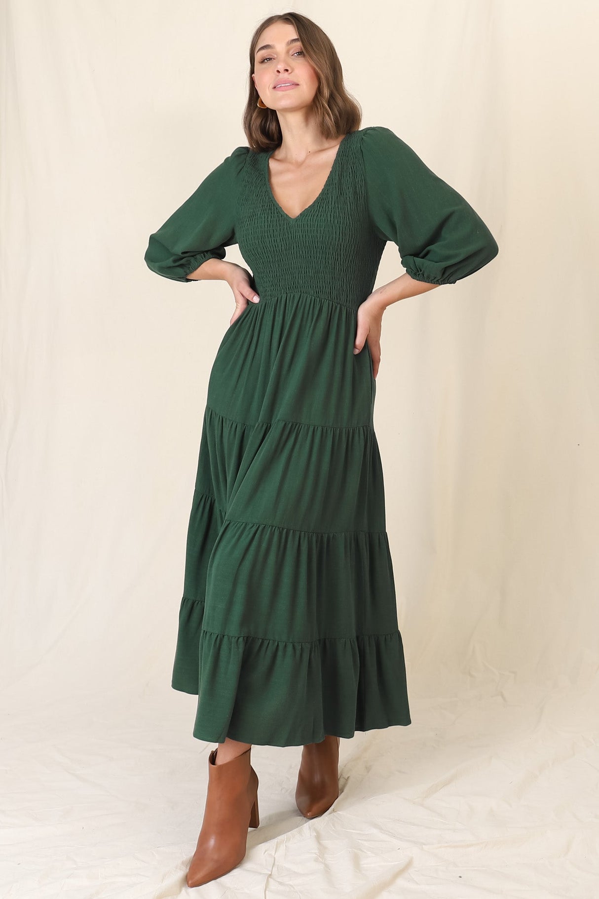 Lellah Midi Dress - Shirred Bodice Soft V Neck Tiered Dress in Green