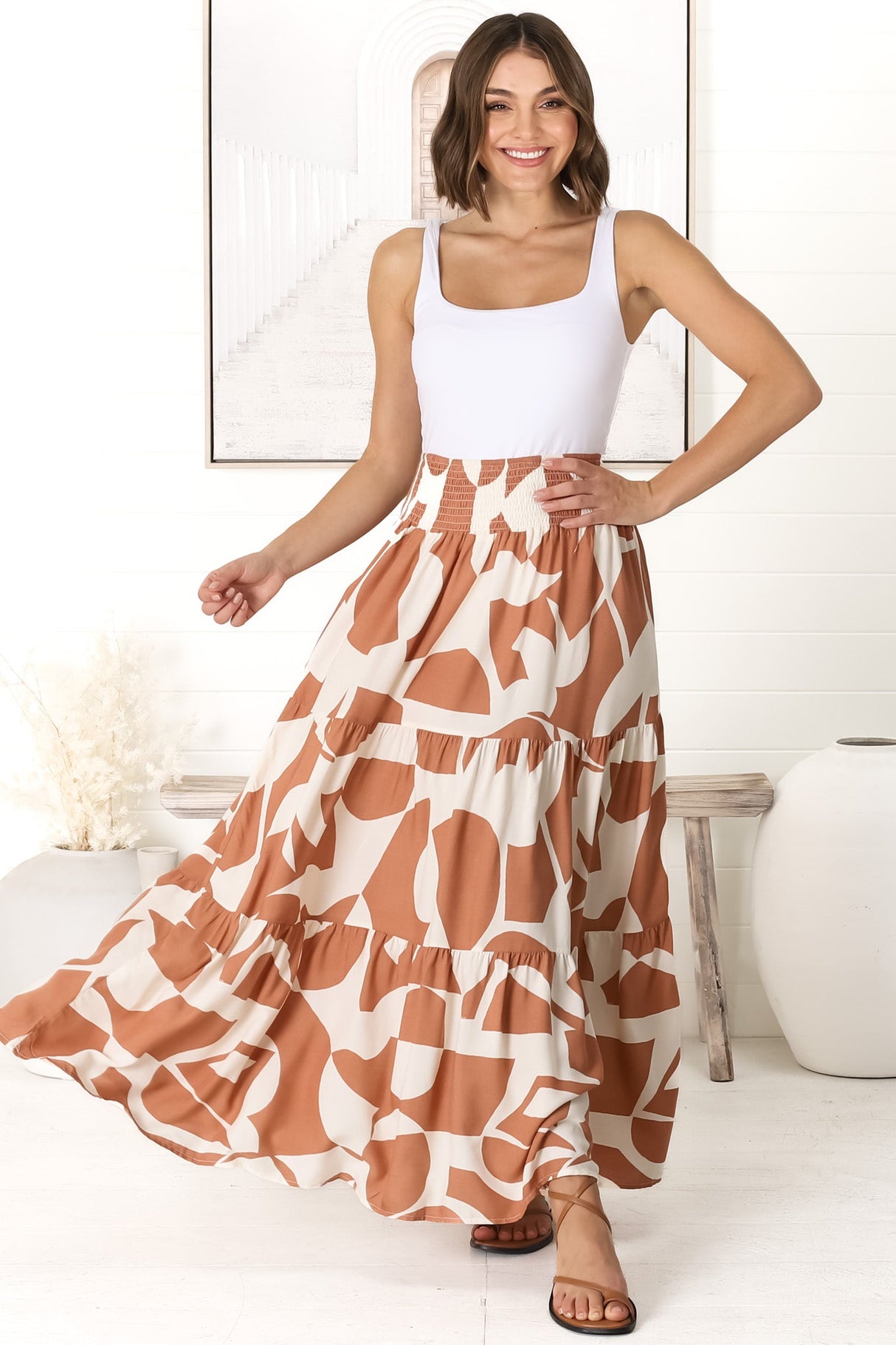 Azira Maxi Skirt/Midi Dress - Shirred Waistband Tiered Skirt or Dress in Rust