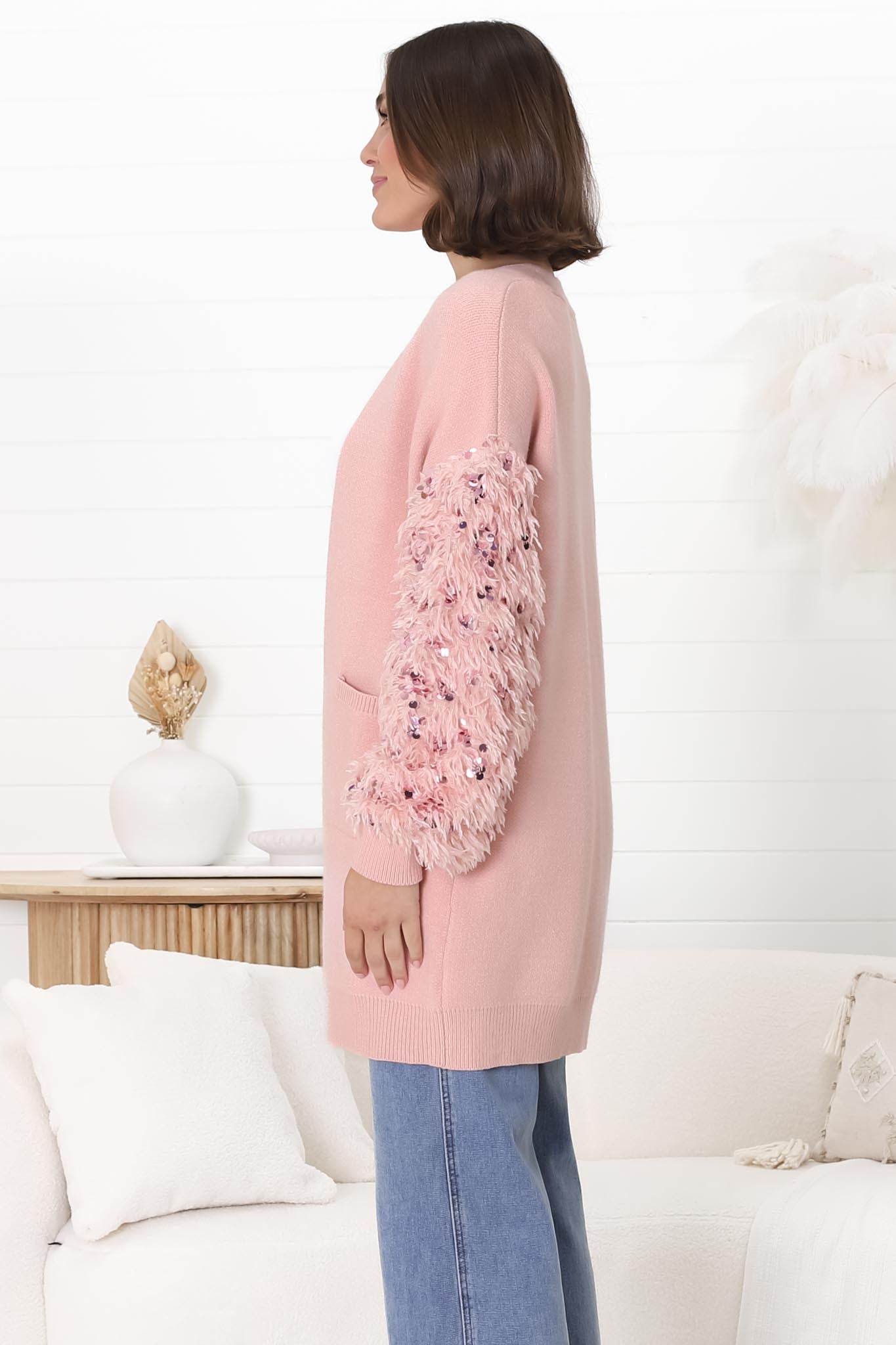 Talita Cardgian - Statement Fluffy Sequined Sleeve Cardigan in Pink