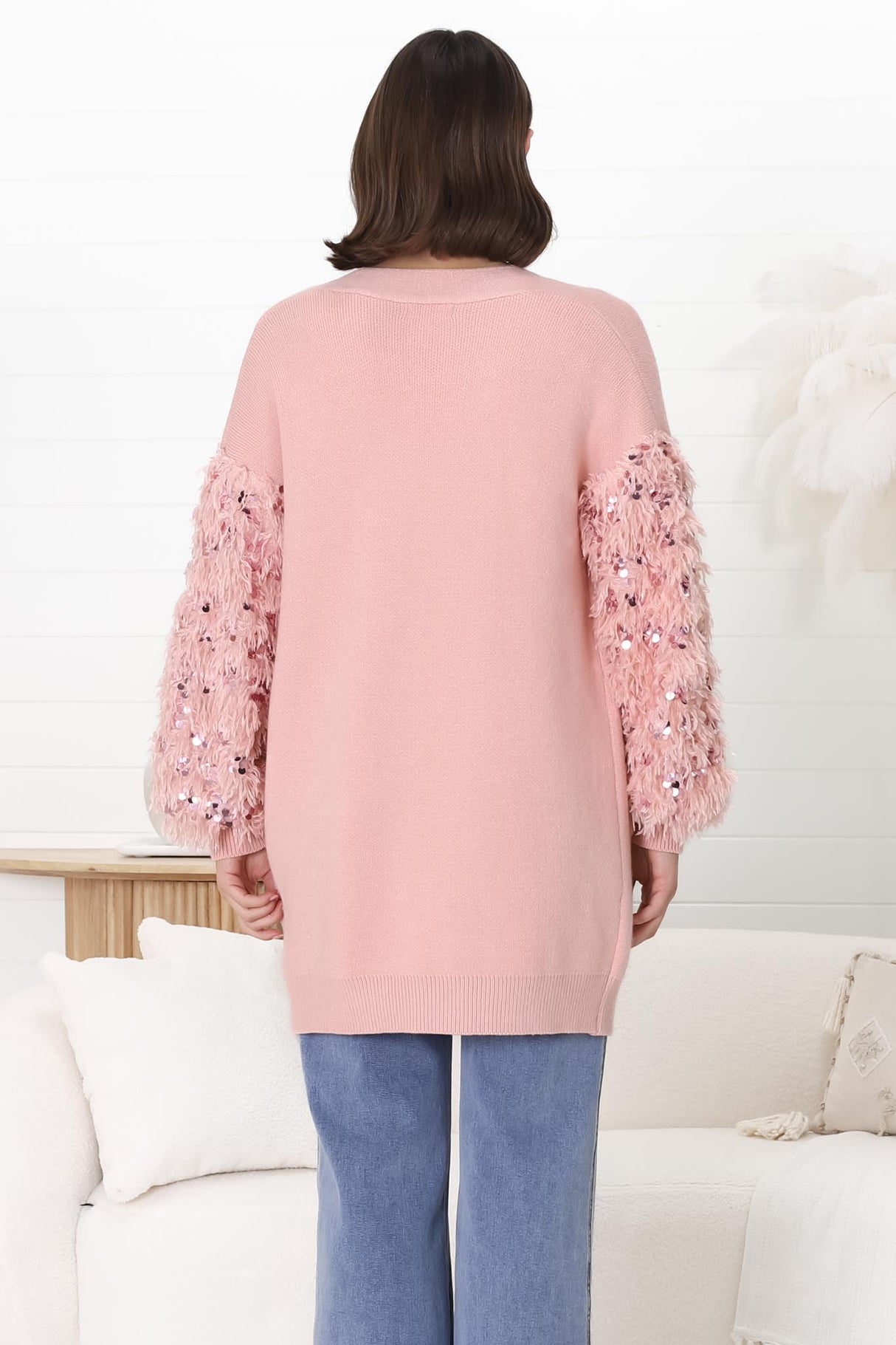 Talita Cardgian - Statement Fluffy Sequined Sleeve Cardigan in Pink