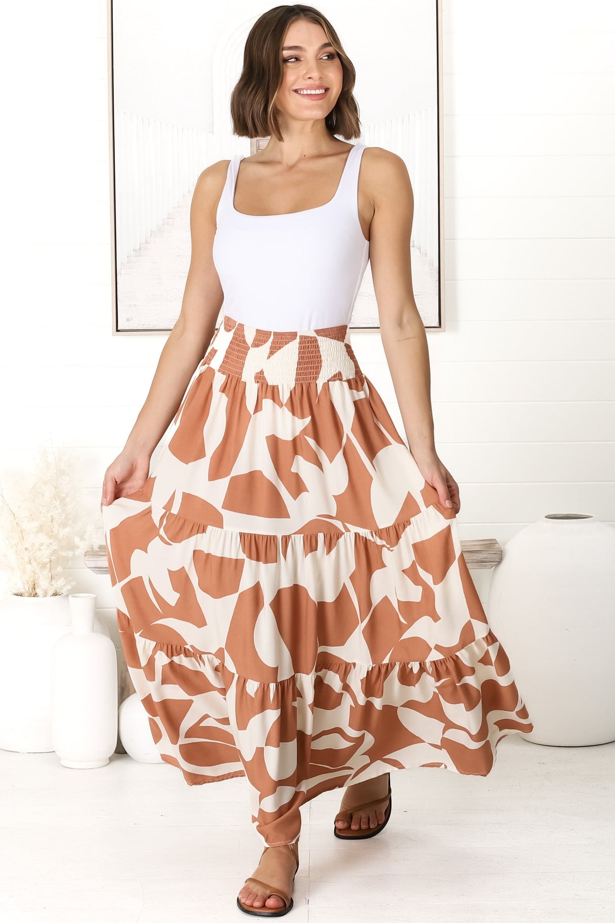 Azira Maxi Skirt/Midi Dress - Shirred Waistband Tiered Skirt or Dress in Rust