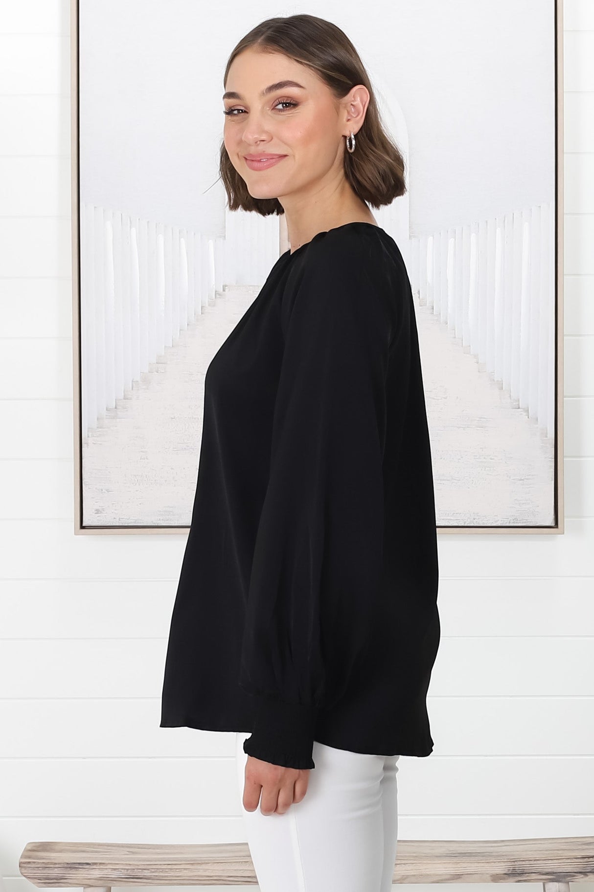 Kari Blouse - Pull Over Blouse with Long Balloon Sleeves in Black