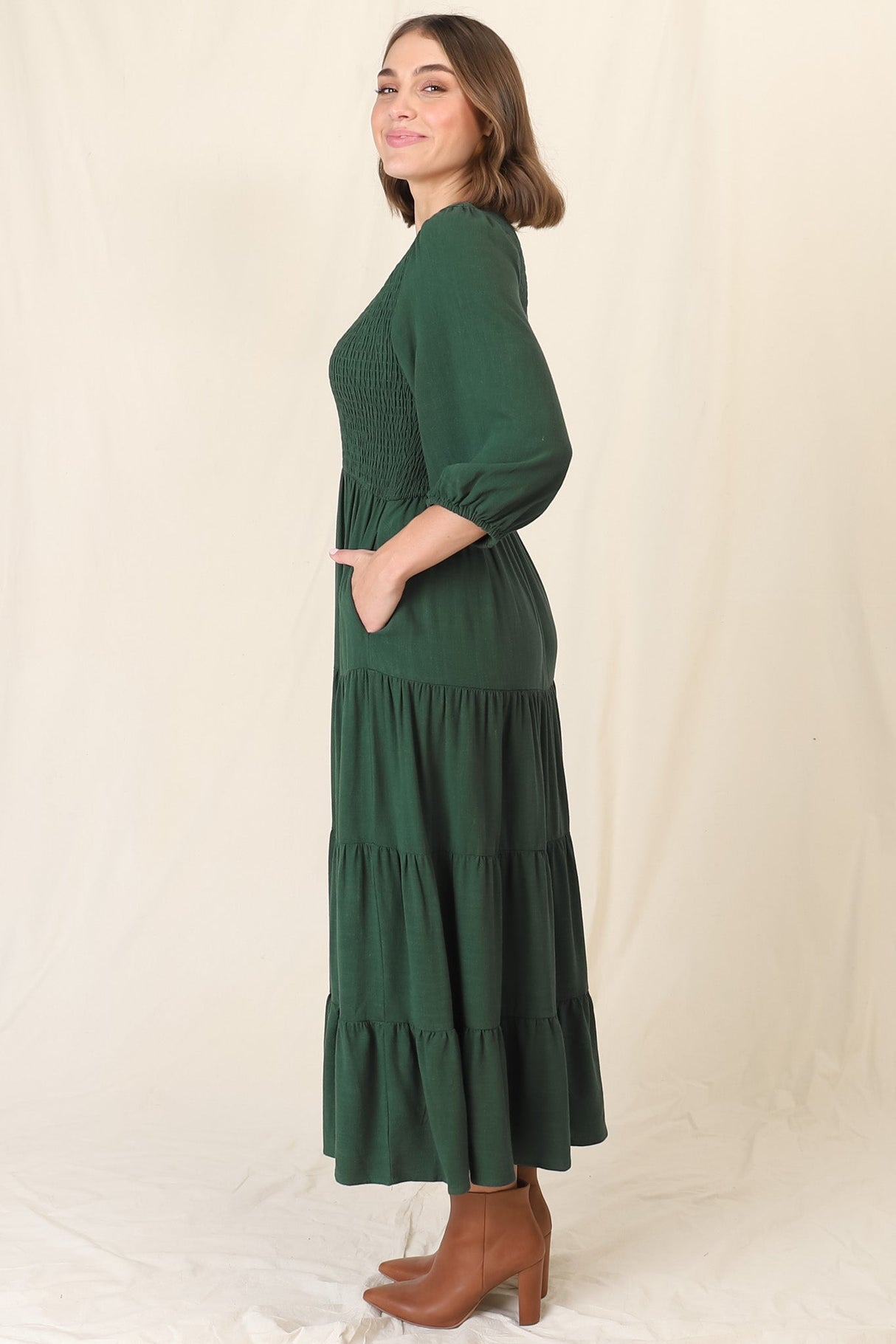 Lellah Midi Dress - Shirred Bodice Soft V Neck Tiered Dress in Green