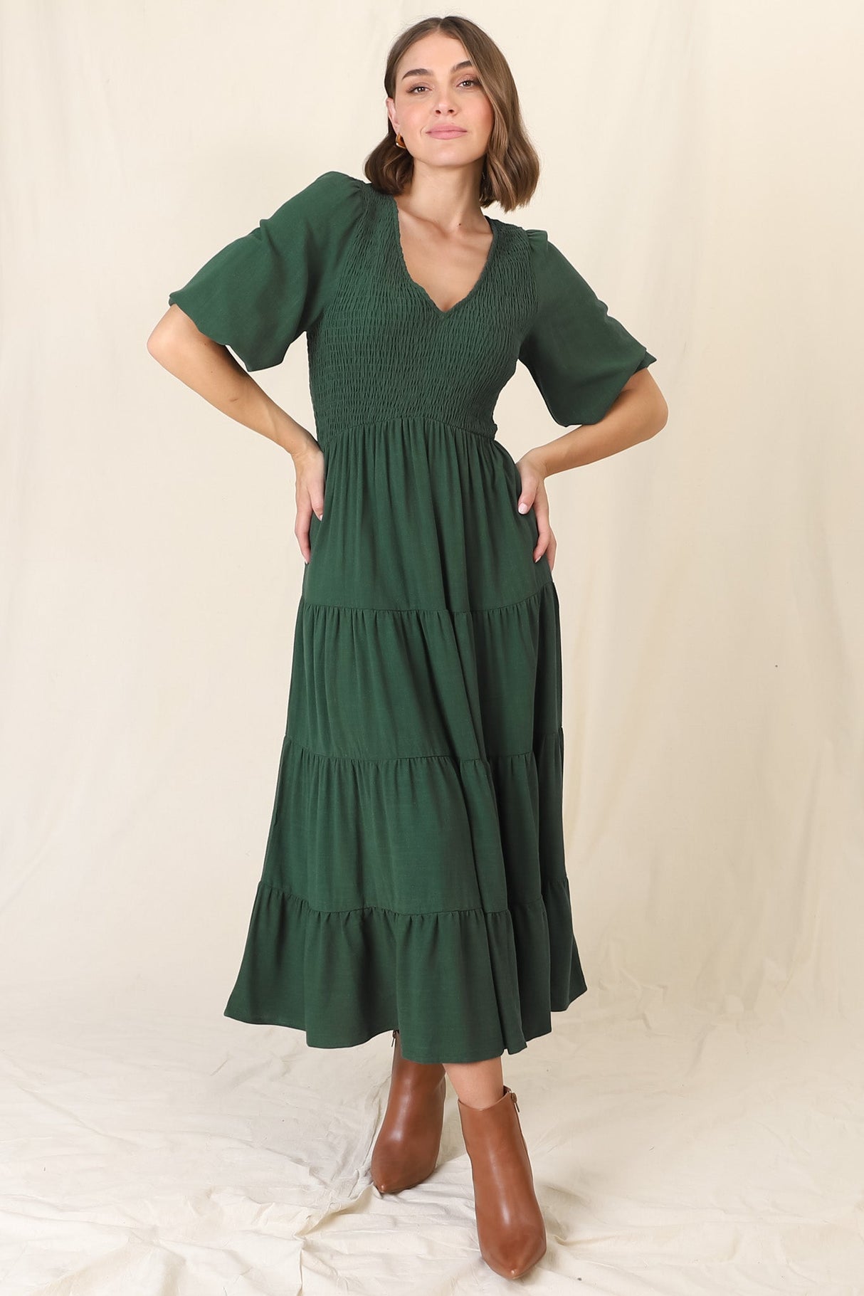 Lellah Midi Dress - Shirred Bodice Soft V Neck Tiered Dress in Green