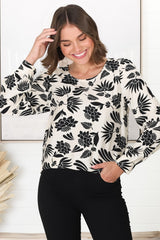 Fintra Top - Zipper Detail Long Sleeve Top in Black Kacia Print