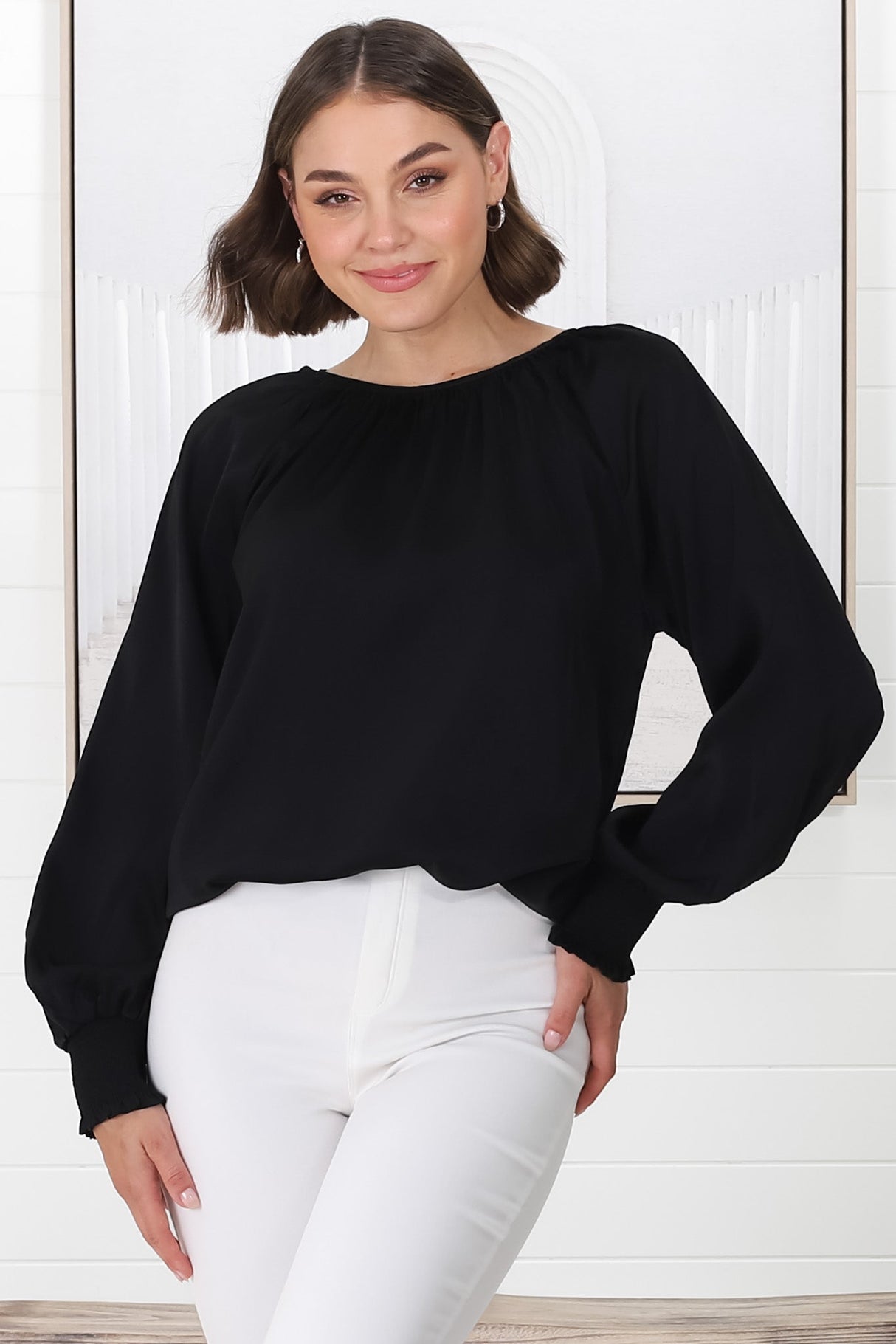 Kari Blouse - Pull Over Blouse with Long Balloon Sleeves in Black