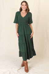 Lellah Midi Dress - Shirred Bodice Soft V Neck Tiered Dress in Green