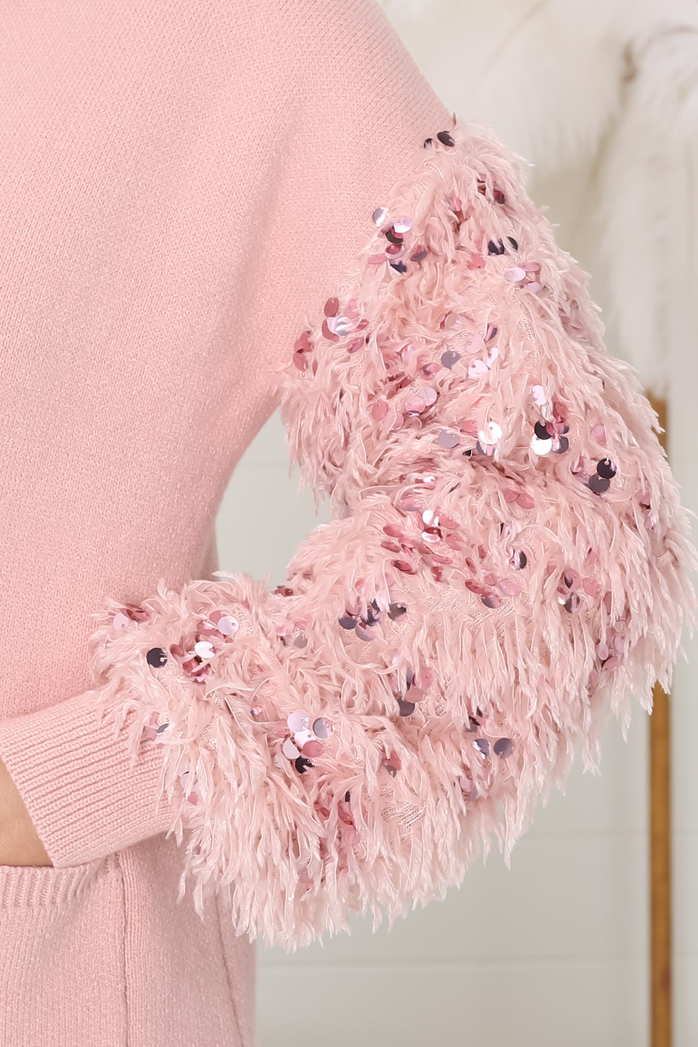 Talita Cardgian - Statement Fluffy Sequined Sleeve Cardigan in Pink