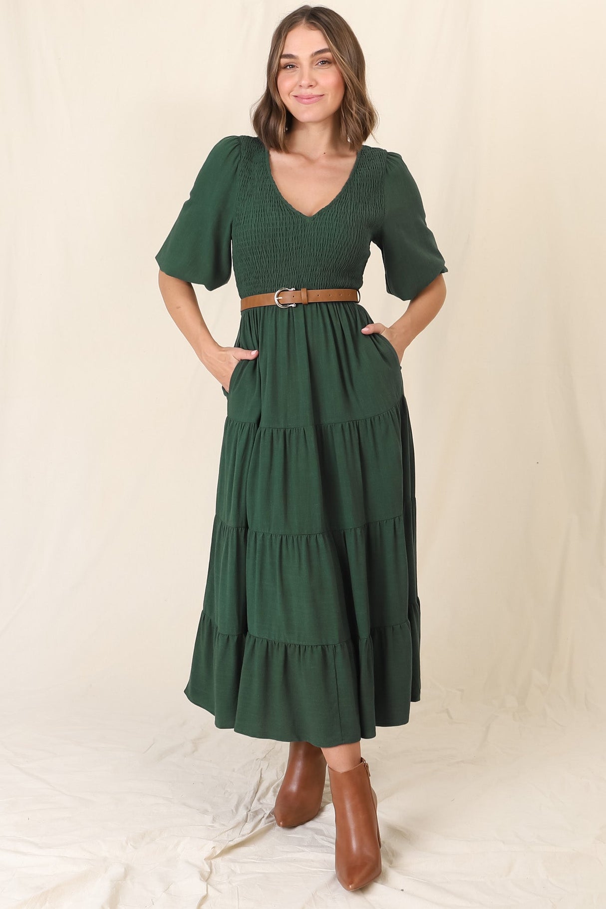 Lellah Midi Dress - Shirred Bodice Soft V Neck Tiered Dress in Green