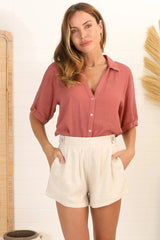 Shelly Shirt - Linen Collared Button Down Shirt in Guava