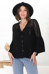 Myrna Top - V Neck Hollow Out Lace Detailed Button Down in Black