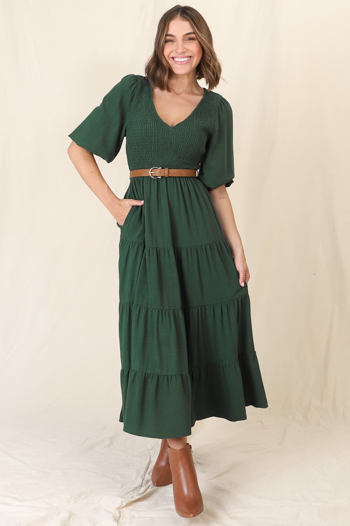 Lellah Midi Dress - Shirred Bodice Soft V Neck Tiered Dress in Green