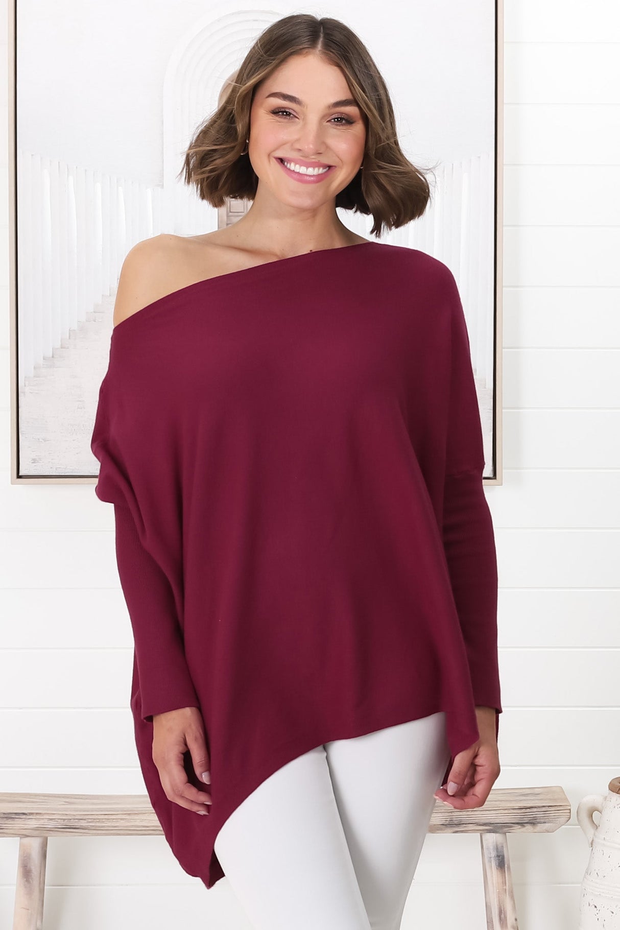 Belinda Knit Top - Boat Neckline Boxy Batwing Top in Burgundy