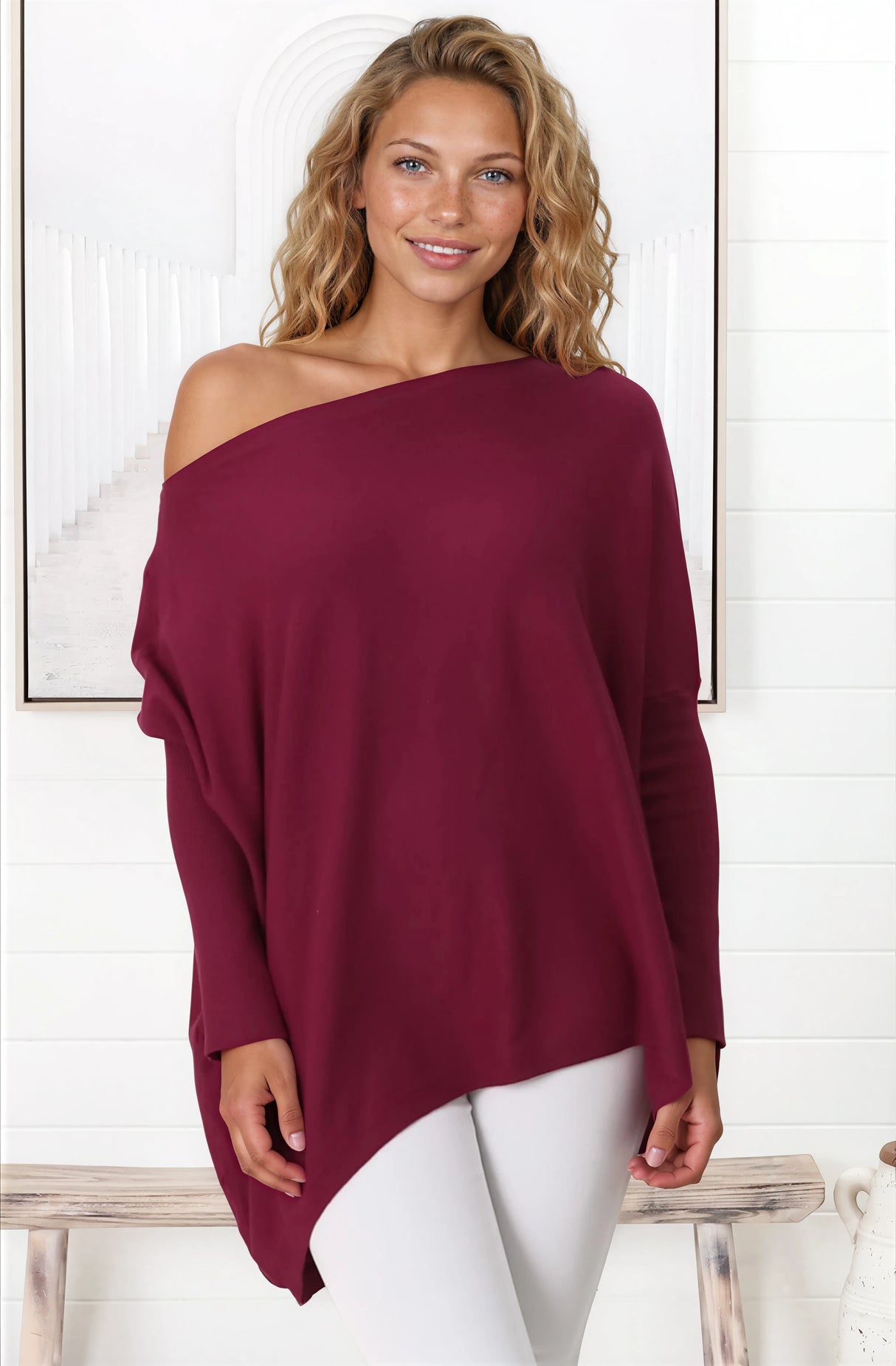Belinda Knit Top - Boat Neckline Boxy Batwing Top in Burgundy