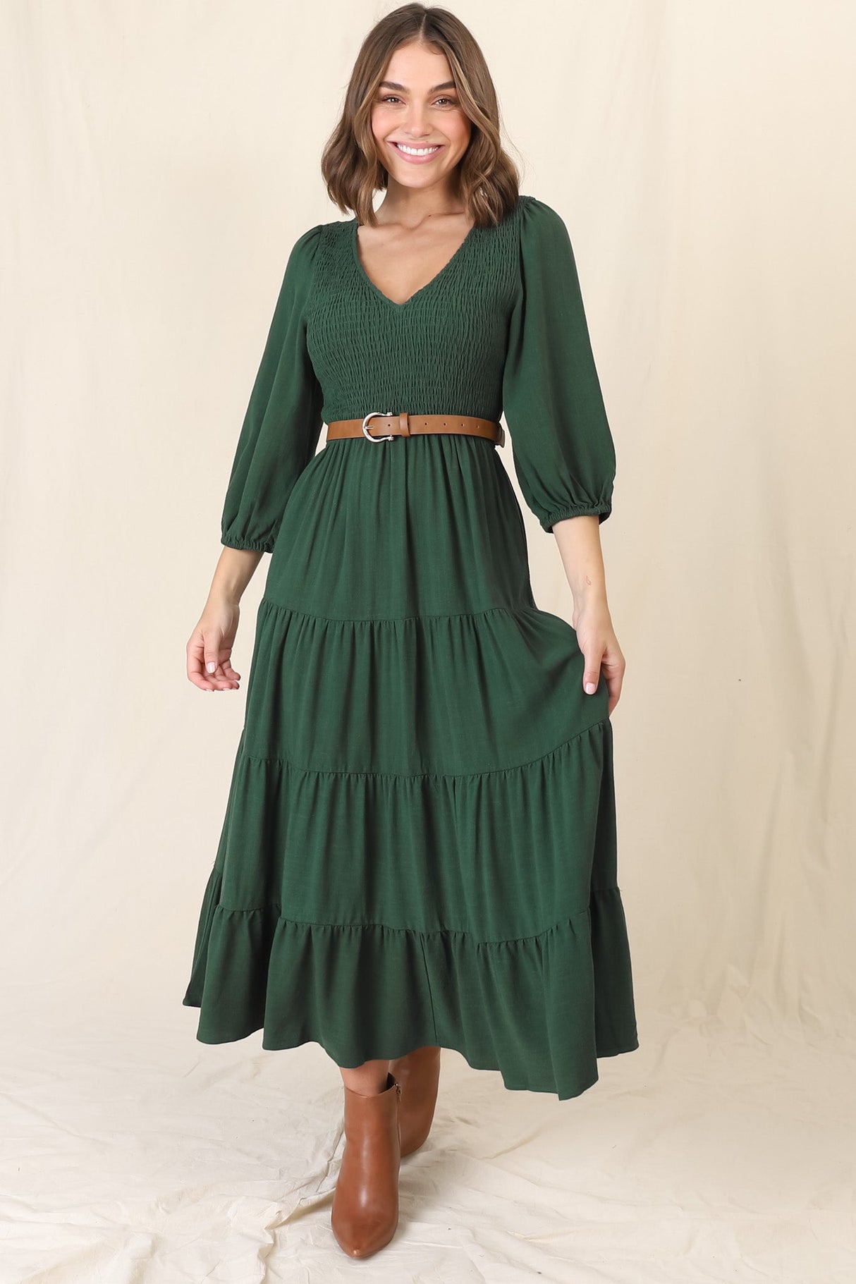 Lellah Midi Dress - Shirred Bodice Soft V Neck Tiered Dress in Green