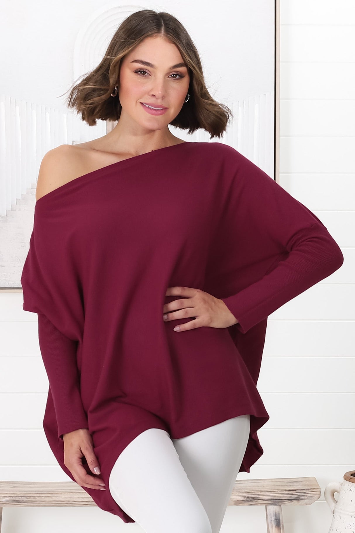 Belinda Knit Top - Boat Neckline Boxy Batwing Top in Burgundy