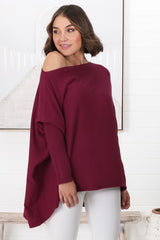 Belinda Knit Top - Boat Neckline Boxy Batwing Top in Burgundy