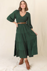 Lellah Midi Dress - Shirred Bodice Soft V Neck Tiered Dress in Green