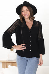 Myrna Top - V Neck Hollow Out Lace Detailed Button Down in Black