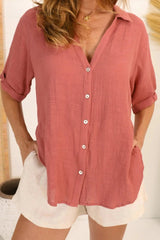 Shelly Shirt - Linen Collared Button Down Shirt in Guava