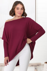 Belinda Knit Top - Boat Neckline Boxy Batwing Top in Burgundy