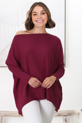 Belinda Knit Top - Boat Neckline Boxy Batwing Top in Burgundy