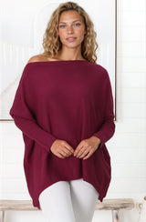 Belinda Knit Top - Boat Neckline Boxy Batwing Top in Burgundy