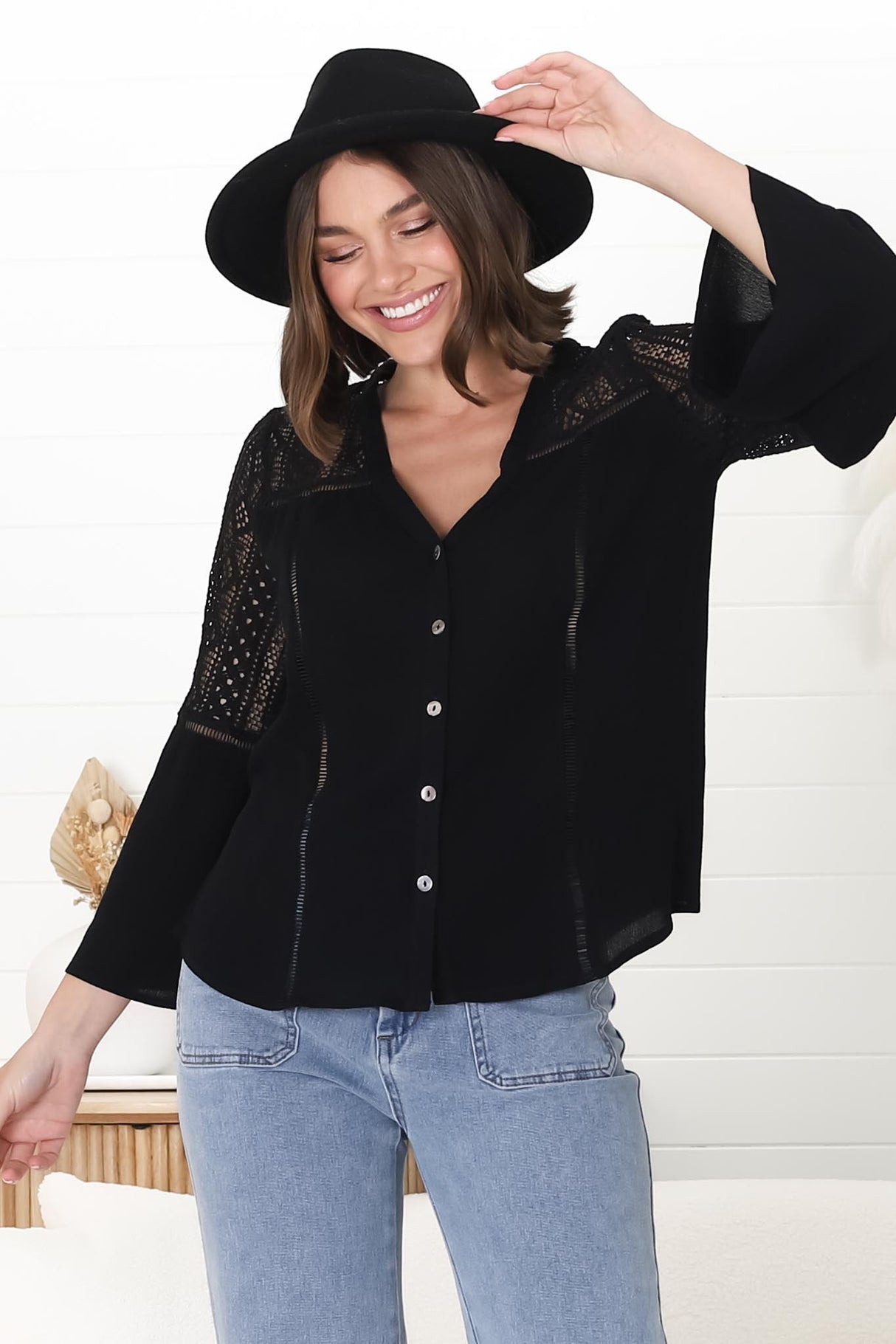 Myrna Top - V Neck Hollow Out Lace Detailed Button Down in Black