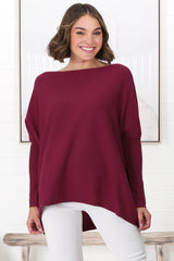 Belinda Knit Top - Boat Neckline Boxy Batwing Top in Burgundy