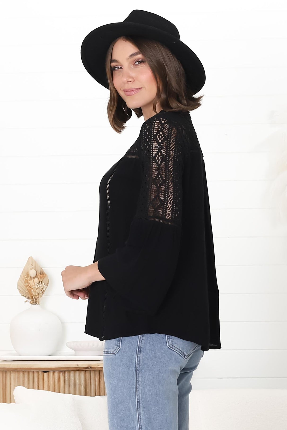 Myrna Top - V Neck Hollow Out Lace Detailed Button Down in Black