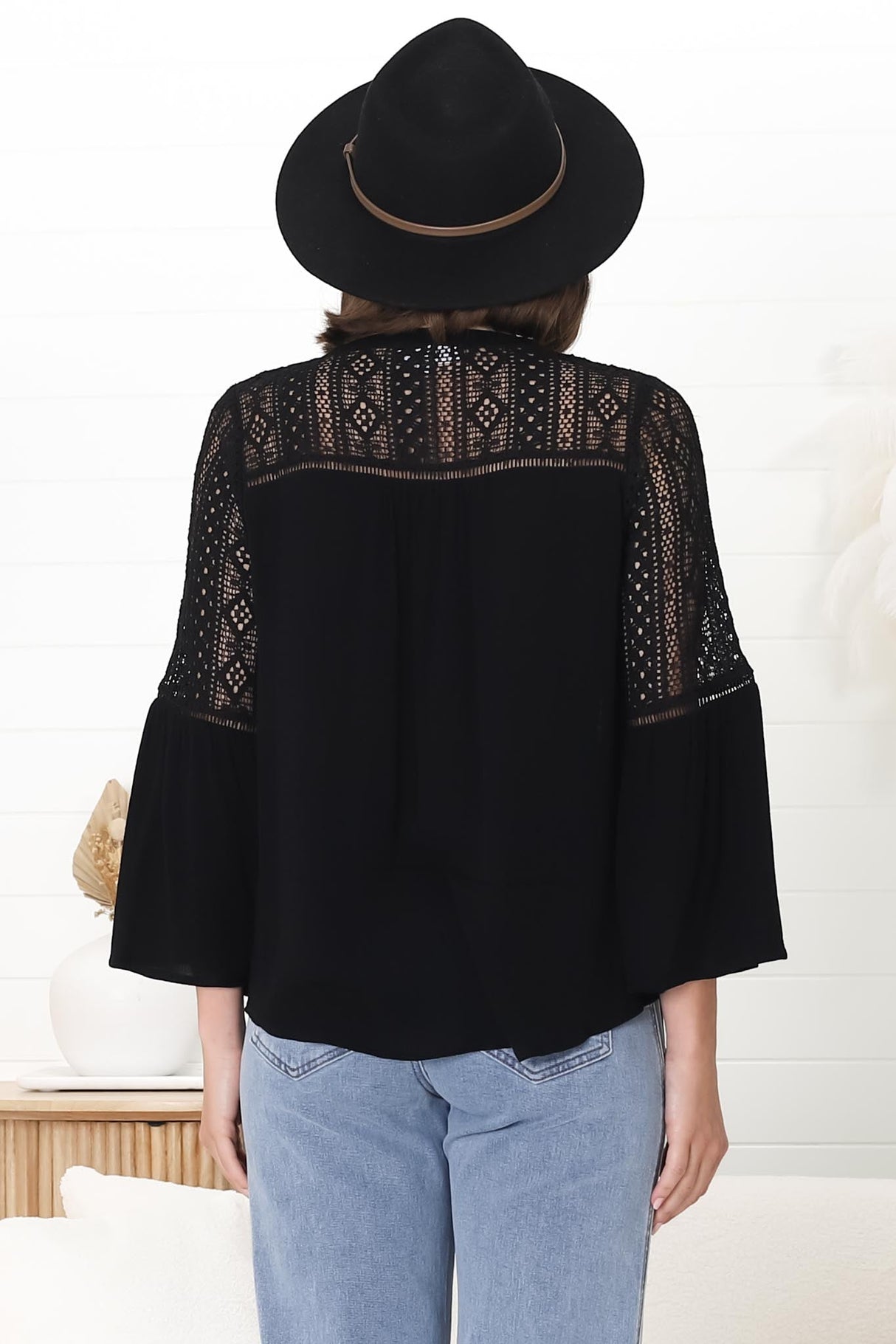 Myrna Top - V Neck Hollow Out Lace Detailed Button Down in Black