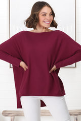 Belinda Knit Top - Boat Neckline Boxy Batwing Top in Burgundy