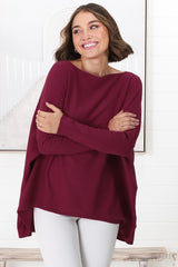 Belinda Knit Top - Boat Neckline Boxy Batwing Top in Burgundy