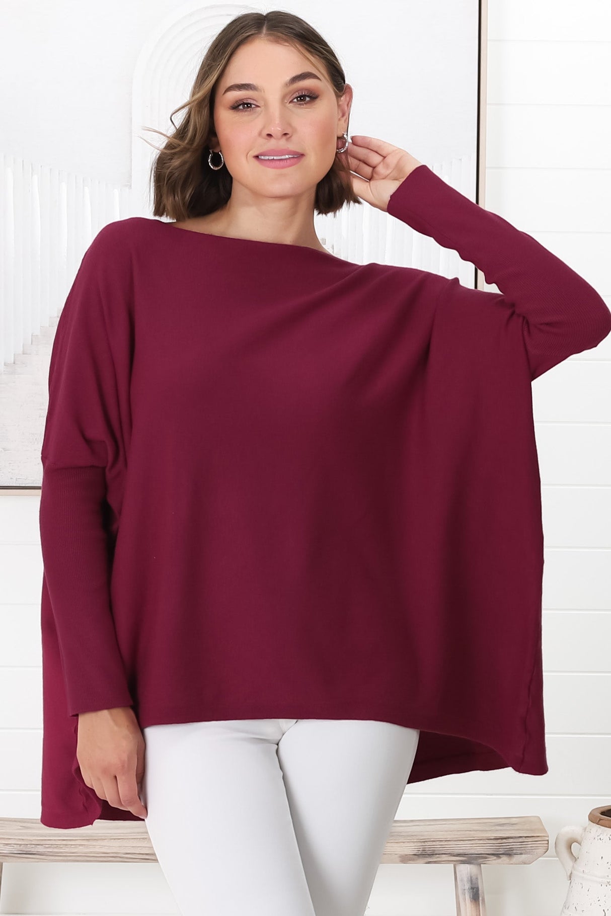 Belinda Knit Top - Boat Neckline Boxy Batwing Top in Burgundy