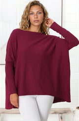 Belinda Knit Top - Boat Neckline Boxy Batwing Top in Burgundy
