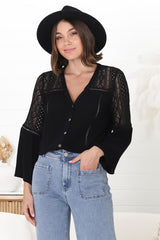 Myrna Top - V Neck Hollow Out Lace Detailed Button Down in Black