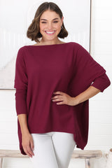 Belinda Knit Top - Boat Neckline Boxy Batwing Top in Burgundy