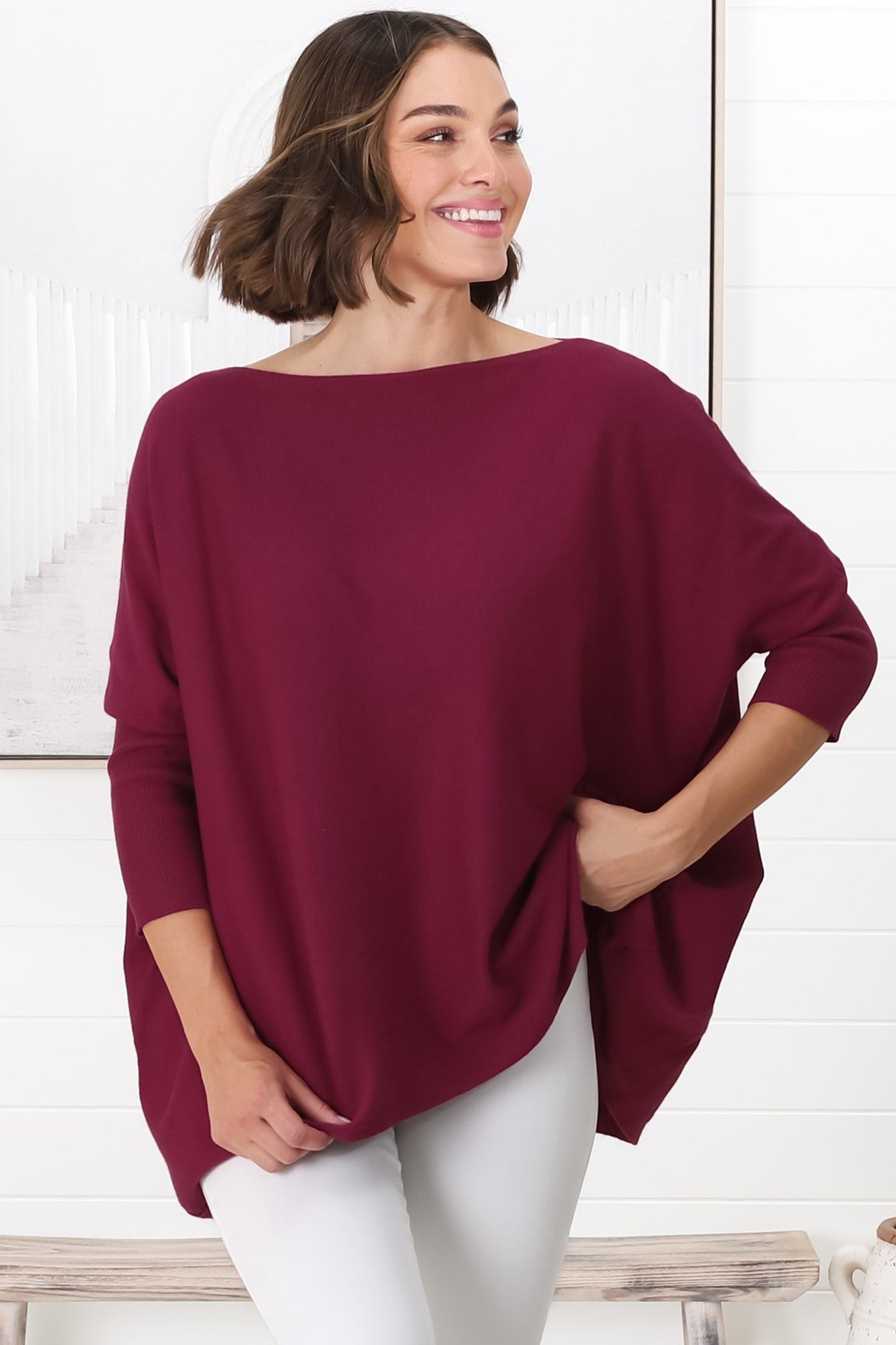 Belinda Knit Top - Boat Neckline Boxy Batwing Top in Burgundy