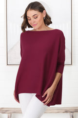 Belinda Knit Top - Boat Neckline Boxy Batwing Top in Burgundy