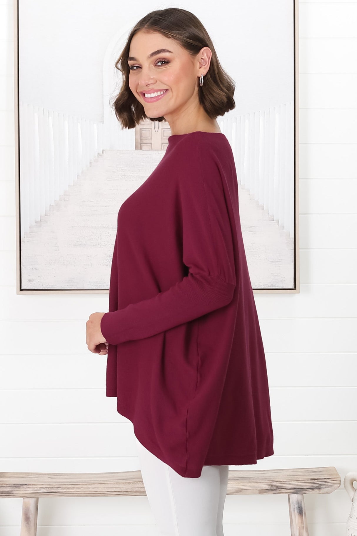 Belinda Knit Top - Boat Neckline Boxy Batwing Top in Burgundy