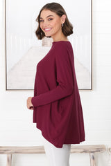 Belinda Knit Top - Boat Neckline Boxy Batwing Top in Burgundy