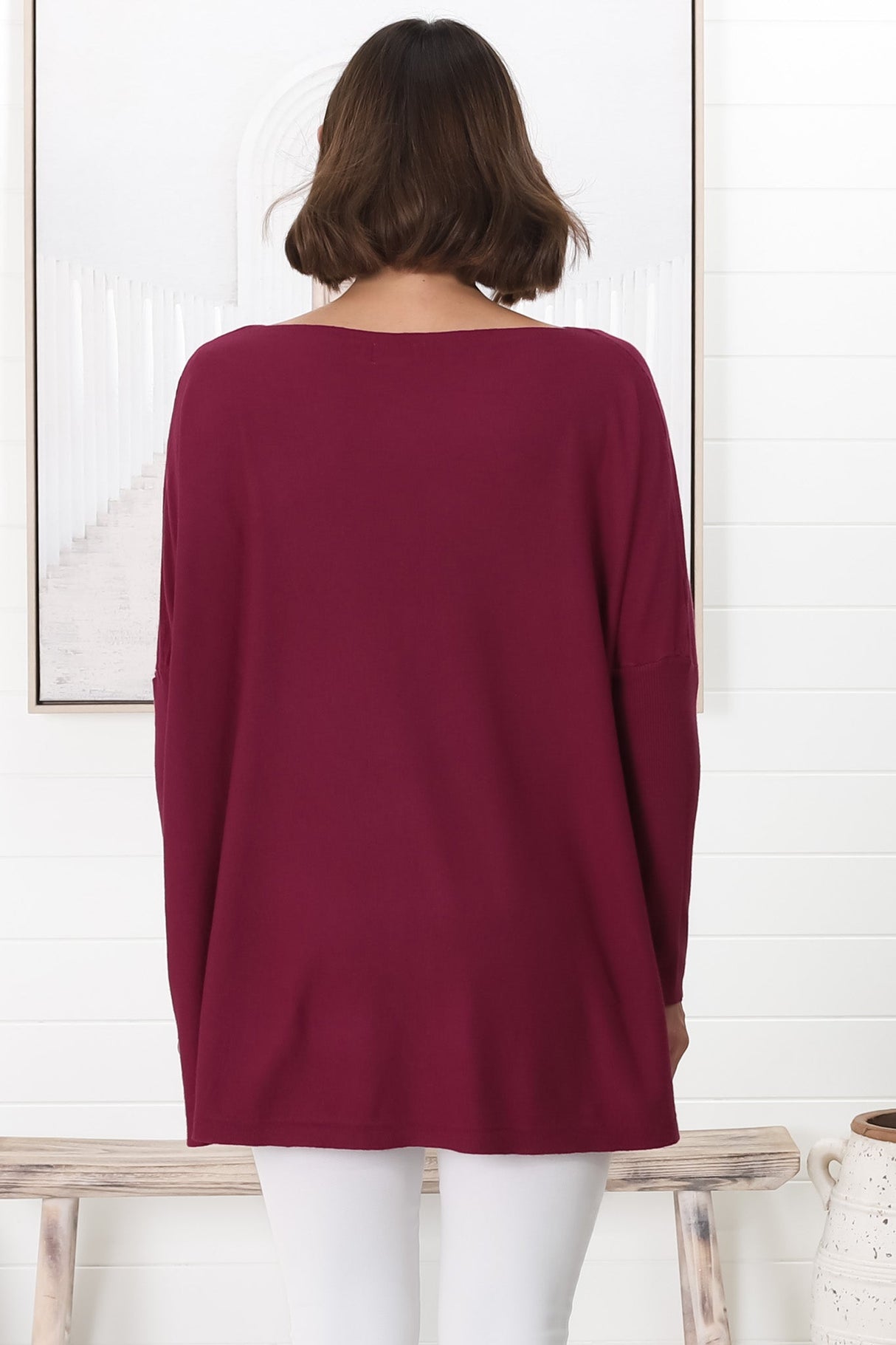 Belinda Knit Top - Boat Neckline Boxy Batwing Top in Burgundy