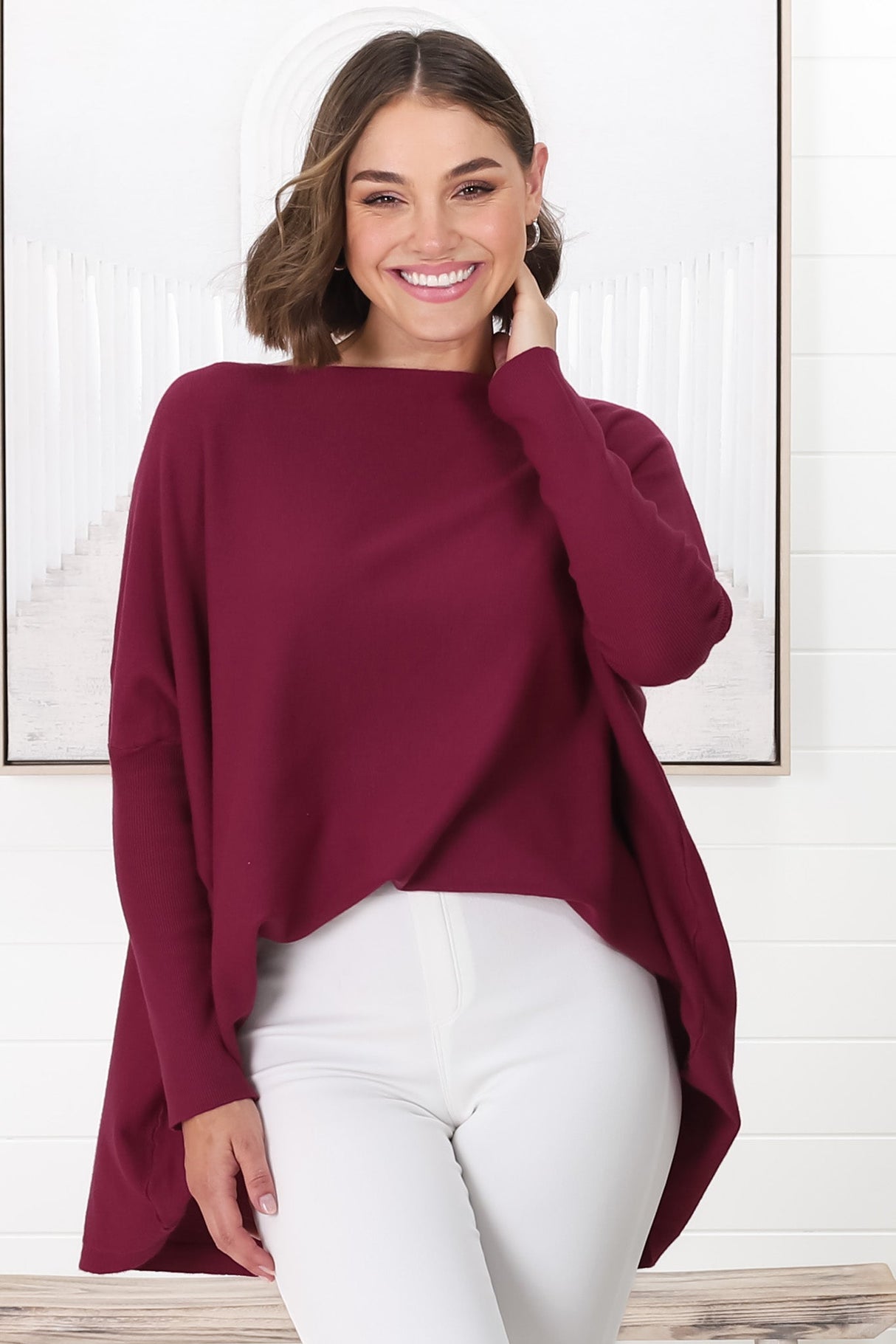 Belinda Knit Top - Boat Neckline Boxy Batwing Top in Burgundy