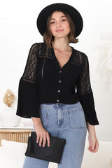 Myrna Top - V Neck Hollow Out Lace Detailed Button Down in Black