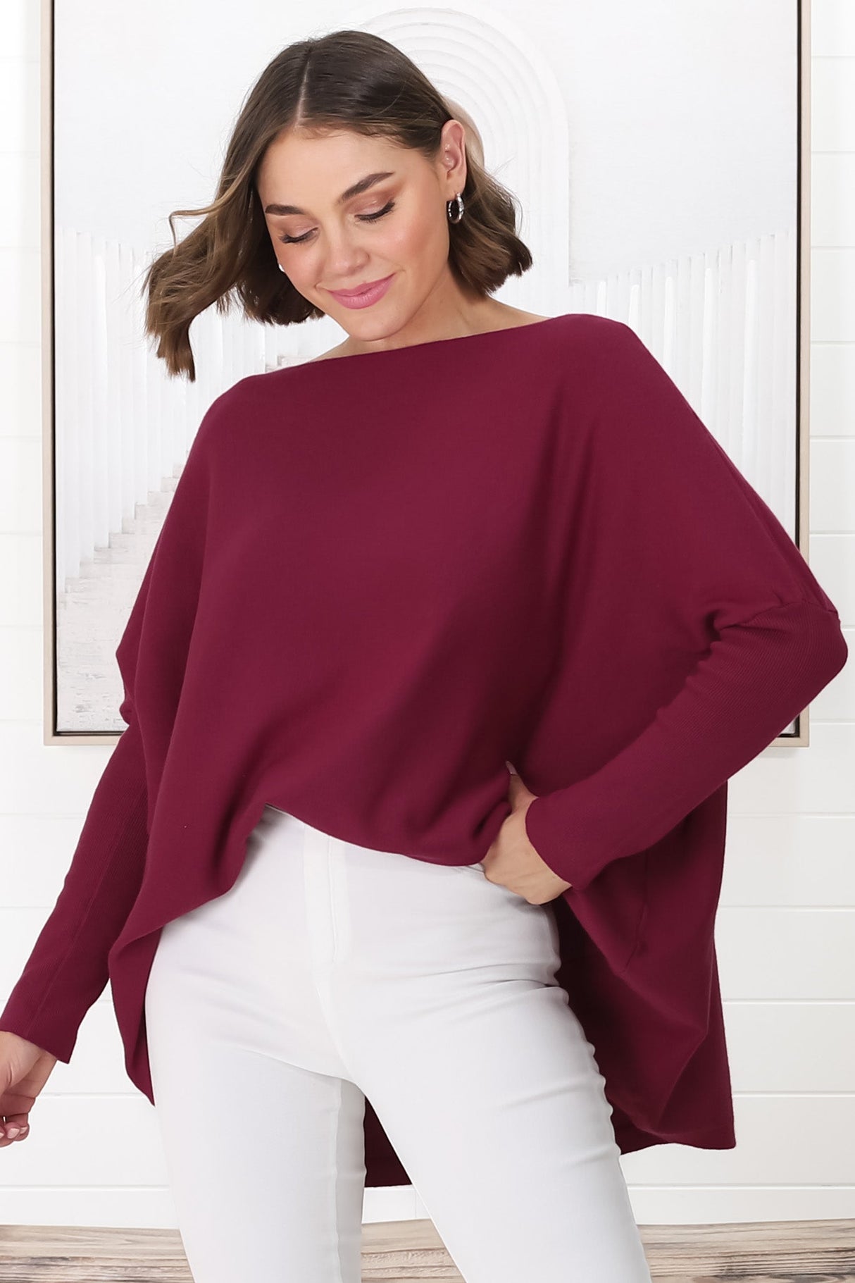 Belinda Knit Top - Boat Neckline Boxy Batwing Top in Burgundy