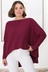 Belinda Knit Top - Boat Neckline Boxy Batwing Top in Burgundy