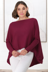 Belinda Knit Top - Boat Neckline Boxy Batwing Top in Burgundy